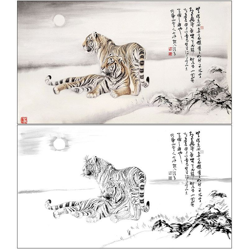 老虎工笔画白描底稿冯大中《伏虎图》动物临摹实物打印线稿DZ04