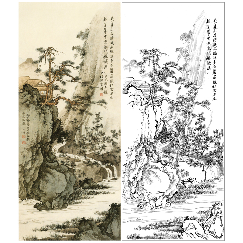 工笔白描底稿国画竖幅山水松树陈少梅《长夏山居图》实物线稿LQ40