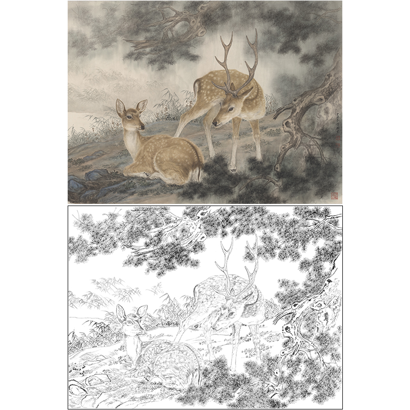 动物白描底稿双鹿图实物打印线稿