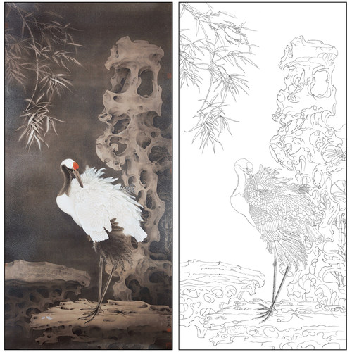 仙鹤湖石工笔画白描底稿竹子四尺花鸟临摹勾线高清打印实物稿BC05