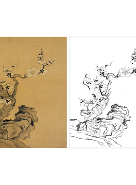 陈洪绶工笔画白描底稿初学临摹花鸟《古梅横雪》小品打印线稿Q062
