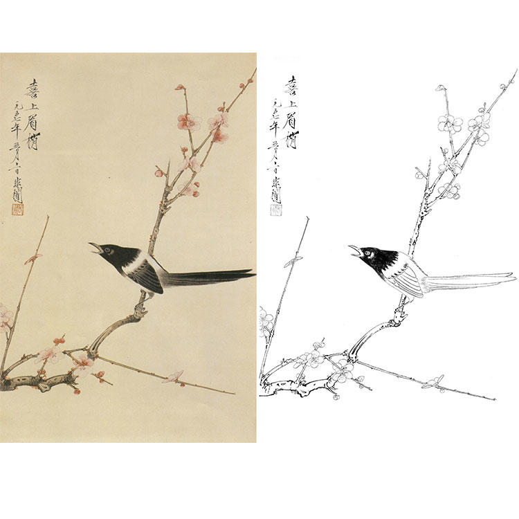 工笔画白描底稿喜鹊喜上眉梢于非闇花鸟梅花实物打印非电子版yf59