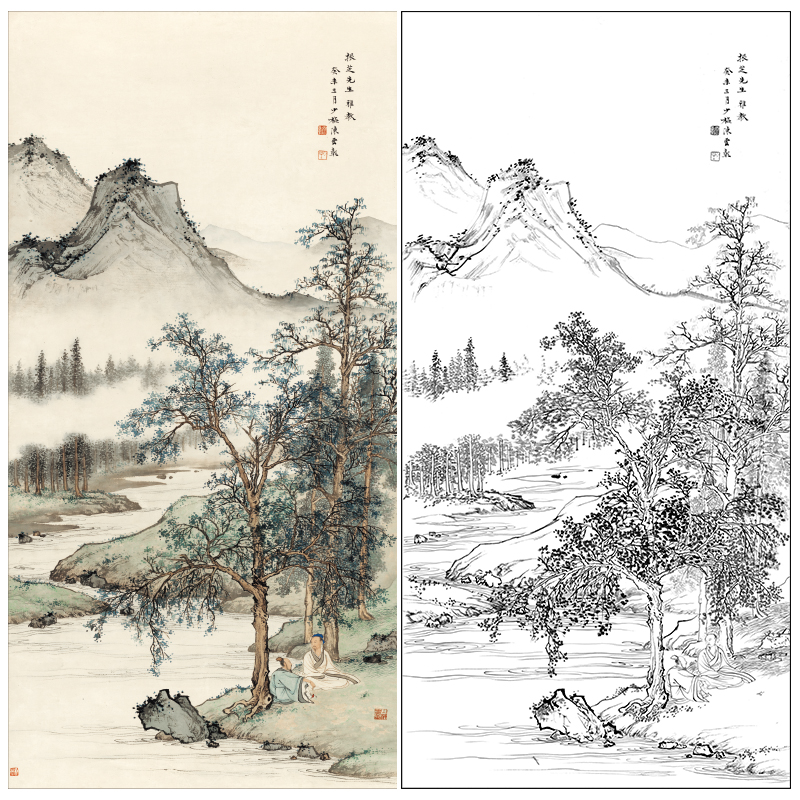 陈少梅高士图山水工笔画白描底稿