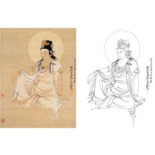张大千工笔人物白描底稿觀音圖观音图实物打印稿用宣纸临摹QD64