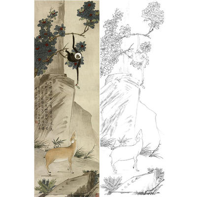 工笔画白描底稿花鸟国画猿獐图于非闇实物打印临摹勾线过透稿YF19