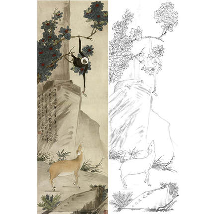 工笔画白描底稿花鸟国画猿獐图于非闇实物打印临摹勾线过透稿YF19