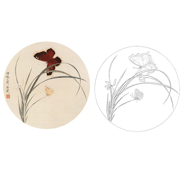 于非闇工笔画白描底稿圆形兰花小品国画实物打印用作宣纸临摹YF68