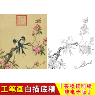 郎世宁工笔花鸟白描底稿仙萼长春册燕子桃花国画入门临摹起稿LT02