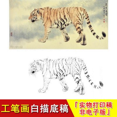 工笔画老虎白描底稿高清动物横幅国画临摹素材大幅练习起稿WH06