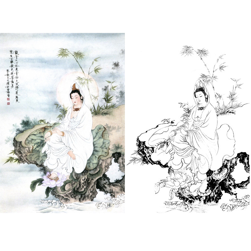 白描画稿工笔神佛人物观音画底稿临摹非宣纸白纸打印线描稿B079