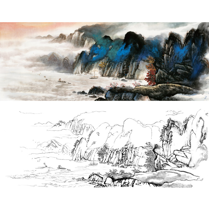 工笔画白描底稿横幅大幅山水小舟国画线稿实物打印临摹勾线fs13