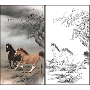 工笔画马白描底稿王申勇《奔马图》双马图临摹勾线高清打印稿A679