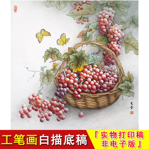 工笔画白描底稿於文普花鸟斗方小品高清葡萄竹篮写意临摹简单WP12