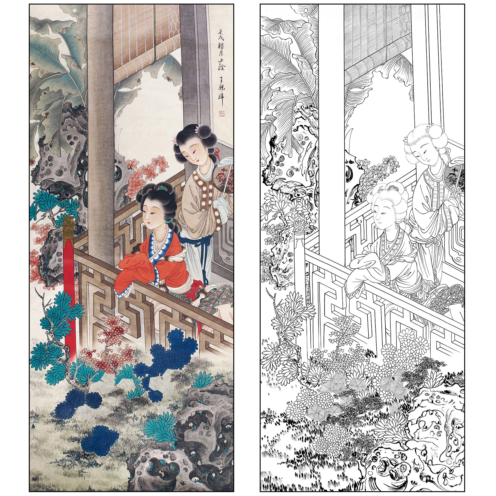 王叔晖仕女人物工笔画白描底稿芭蕉《倚栏仕女图》打印线稿SH53