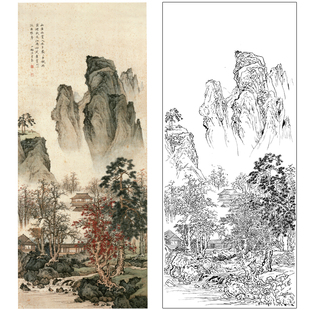 打印稿SV04 国画陈少梅工笔画白描底稿竖幅传统山水 山居幽赏图