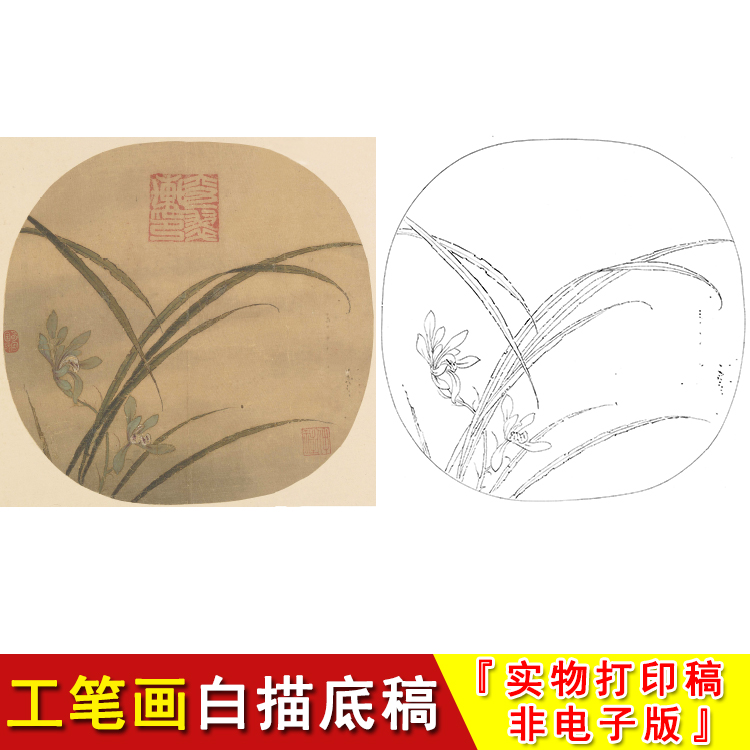 古画宋画花鸟小品工笔白描底稿秋兰绽蕊图高清国画临摹线条稿GH06