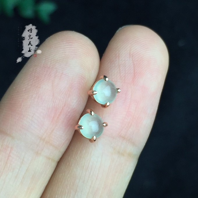 银镶嵌天然A货翡翠白冰种耳钉