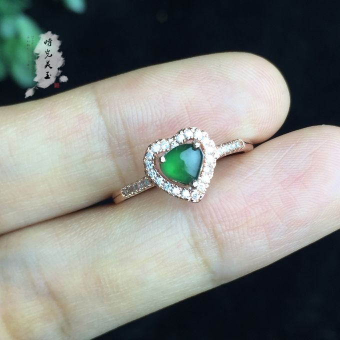 送证书925银镶嵌纯天然a货冰种满绿翡翠玉石心形水滴女活口戒指