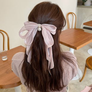 蝴蝶结超仙发夹2024新款薄纱高级感网红顶夹后脑勺盘发弹簧夹韩国