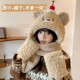 可爱小熊毛绒帽子围巾手套一体连帽女冬天围脖保暖防寒骑车三件套