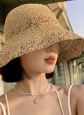 草编渔夫帽女夏季透气韩版显脸小水桶帽大帽檐遮阳防晒海边草帽子