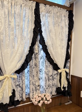 唯美法式洛可可奶油风黑色赫本美式蕾丝双层纱帘窗帘客厅门帘