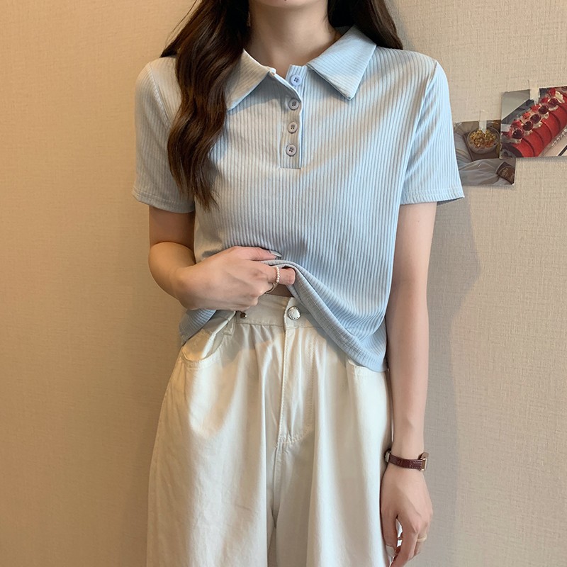 正肩短袖t恤女2025新款洋气减龄设计感微胖MM遮肚显瘦polo领上衣T