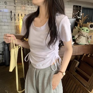 上衣 2025初夏穿搭新款 正肩抽绳短袖 t恤女独特漂亮超好看小衫 短款
