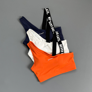 健身跑步训练弹力运动内衣斜肩英文松紧带个性 印花防震强度运动新