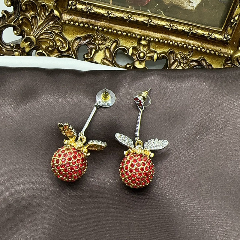 美物耳坠中古高级感可爱蜂蜜翅膀红色复古气质满钻耳钉耳饰品