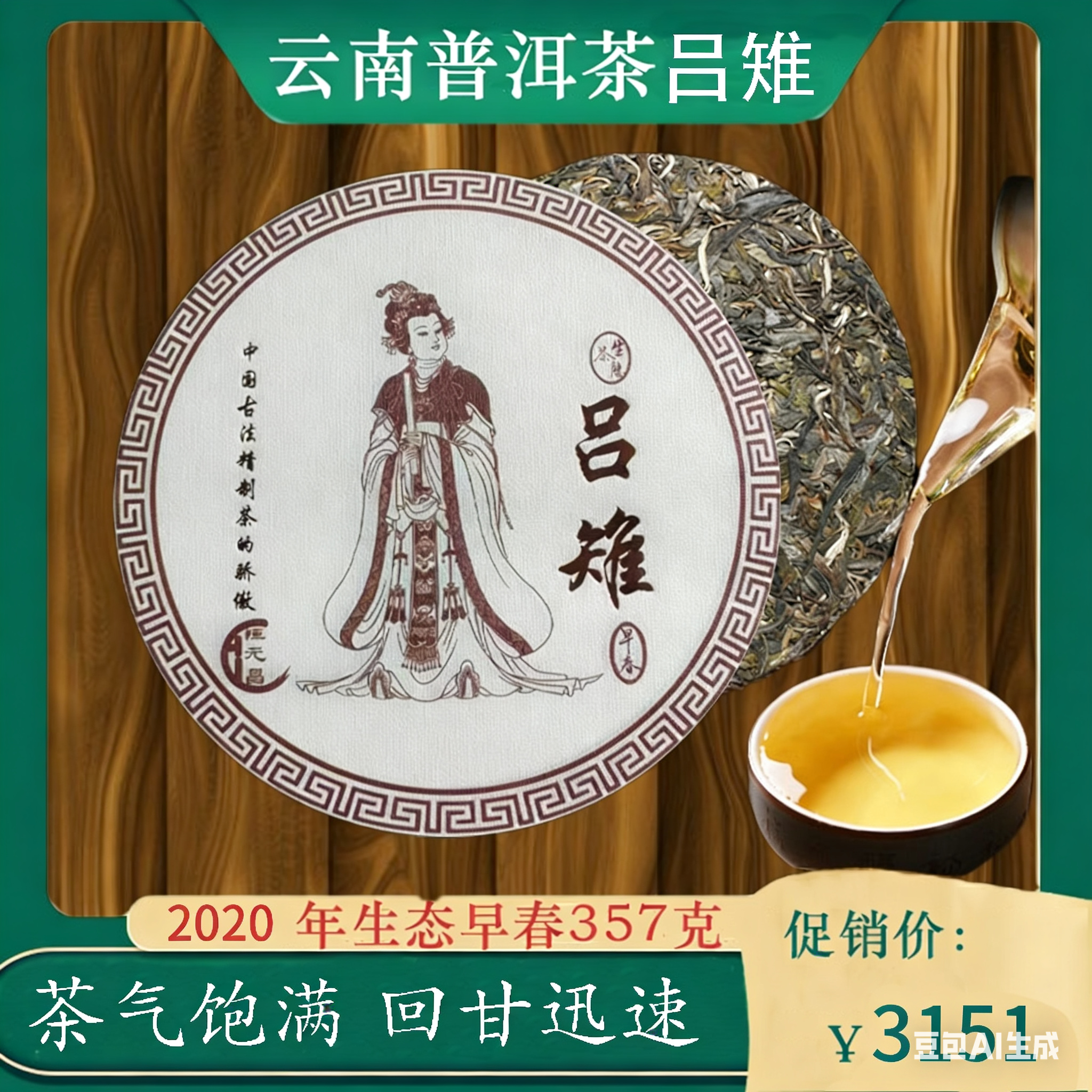 云南2020年吕雉普洱茶恒元昌早春春茶生态茶茶饼357克/饼