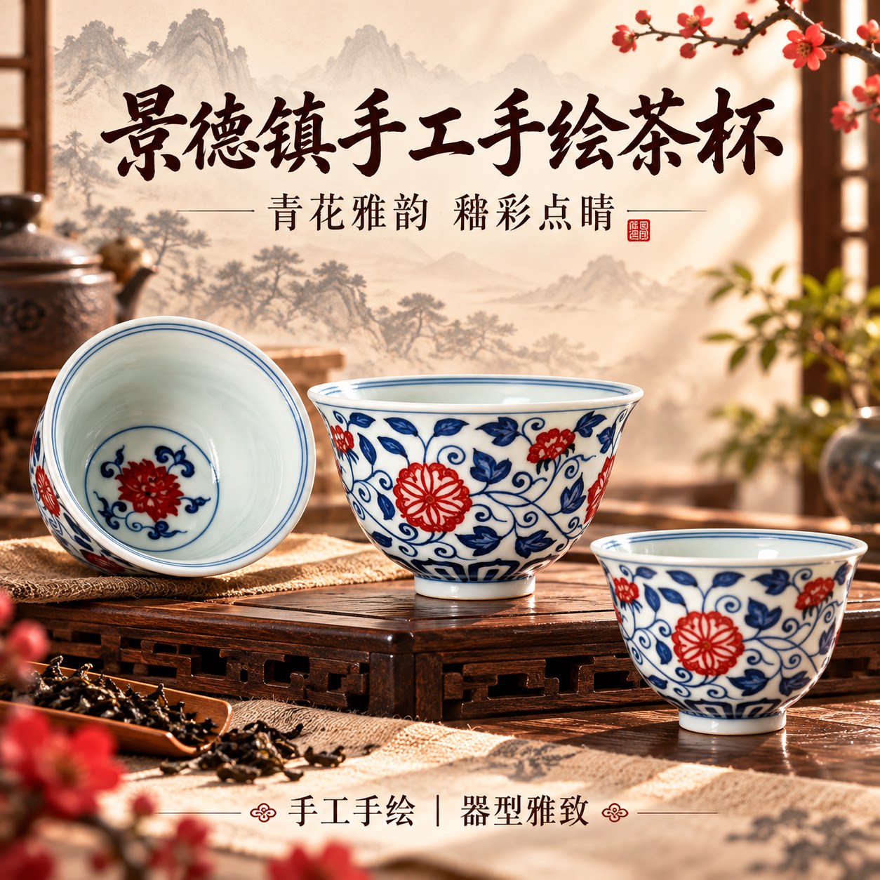 匠人臻瓷青花釉里红缠枝花卉主人杯景德镇陶瓷茶具纯手工手绘送礼