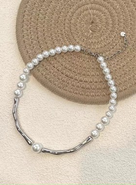 2026几何弧形拼接珍珠项链女颈链轻奢小众设计高级锁骨链新款爆款