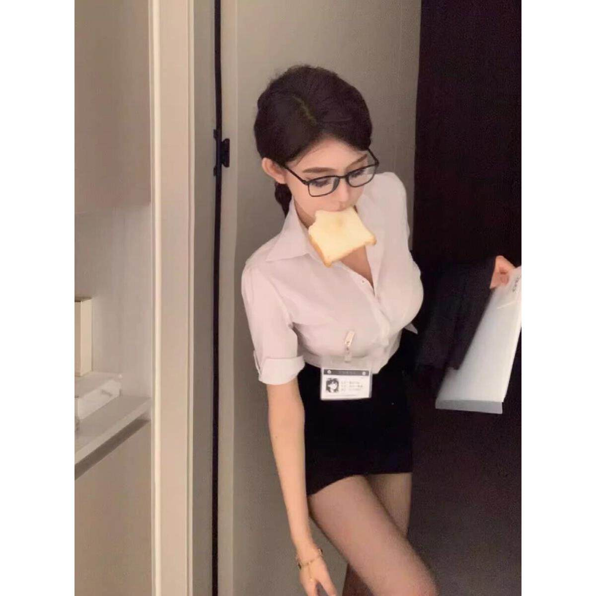 纯欲风性感辣妹修身短款收腰白衬衫黑包臀裙职业套装jk制服工作服