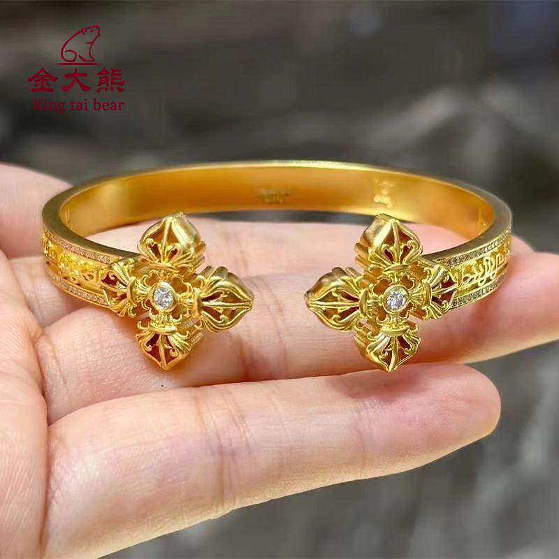 足金999双十字架金刚杵古法开口黄金手镯实心