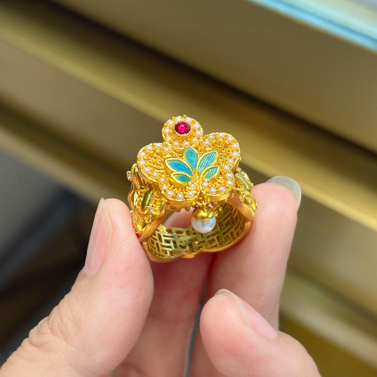 足金999点雀工艺玉兰花开戒指镶嵌珍珠宫廷复古黄金女戒定制送礼