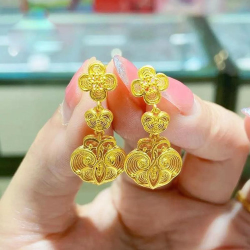 足金999古法金色花丝吉兆四叶草花朵耳钉复古结婚三金耳钉