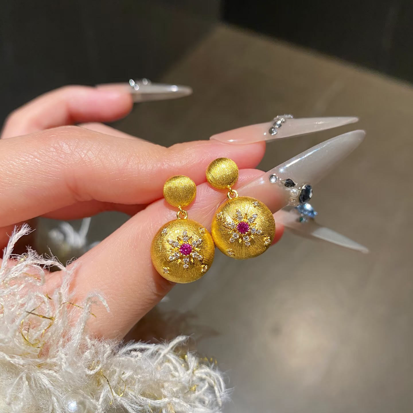 足金复古拉丝中古风耳钉新款