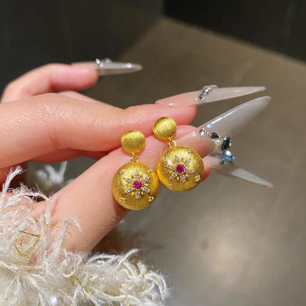 足金999复古拉丝小雪花耳钉中古风2025新款耳坠高级感送女友礼物