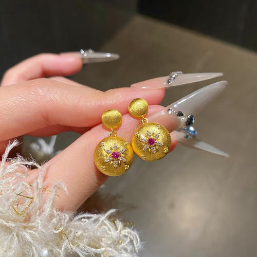 足金复古拉丝中古风耳钉新款