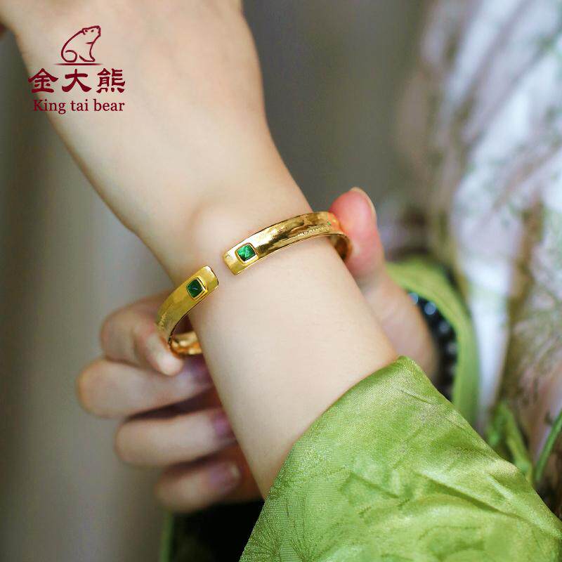 足金999古法黄金手镯镶嵌宝石唐塔太岁錾刻金镯子开口实心手环