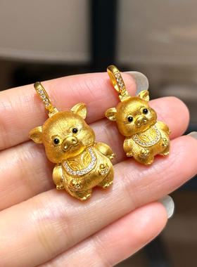 足金可爱小猪黄金拉丝吊坠新款