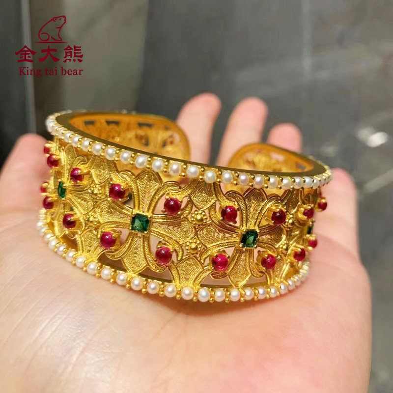 金大熊宫廷风花丝镶嵌开口手镯宽面镂空花丝富贵手镯足金999
