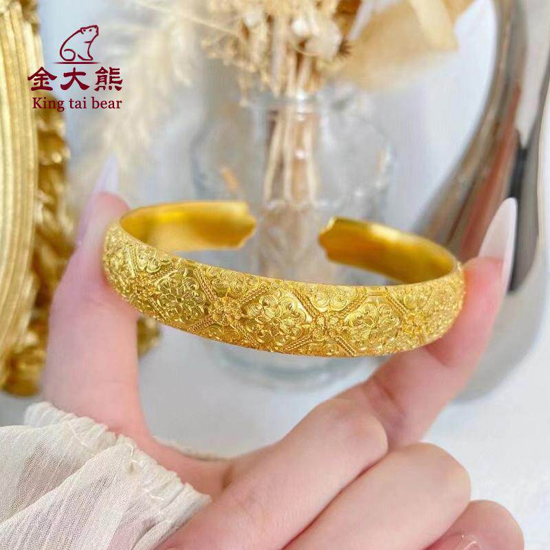 足金999新款古法黄金手镯女款旋子纹足金开口实心镯传承个性