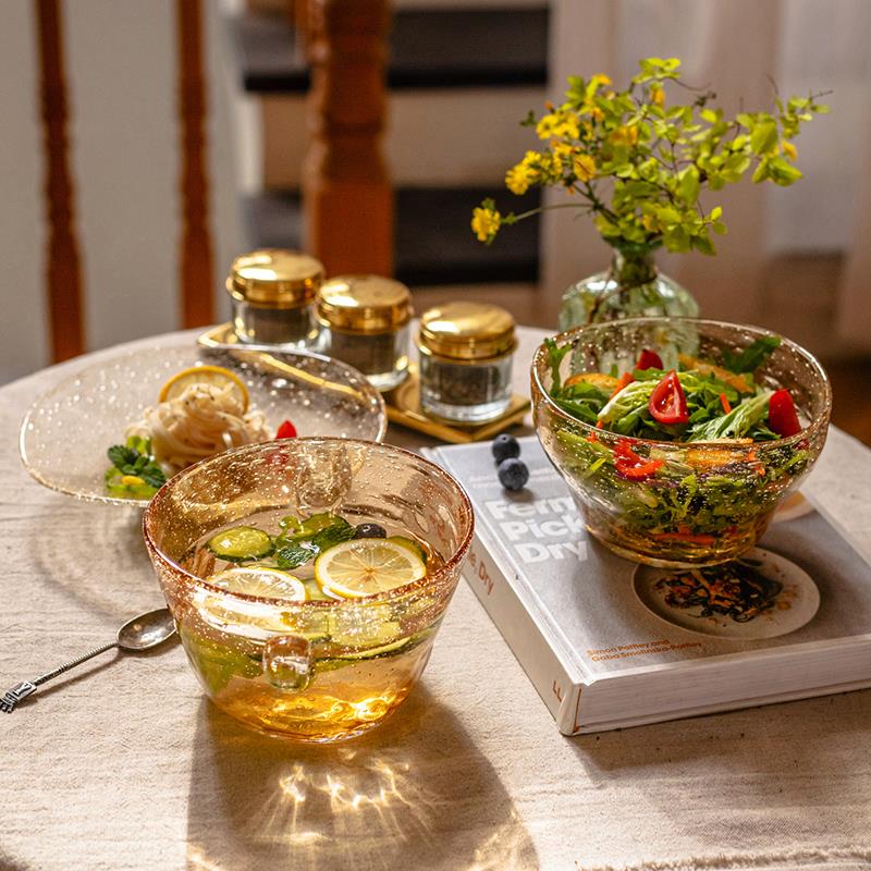 掬涵日式手工玻璃餐具琥珀色沙拉碗碟盘网红甜品水果碗盘零食盘