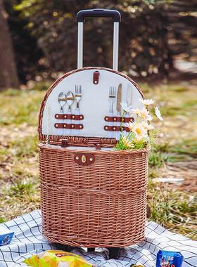 宜然家居带轮藤编野餐篮春游收纳筐拉杆式多功能户外餐箱保温餐具