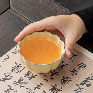 米黄汝窑茶杯聚香杯家用主人杯陶瓷茶盏单杯个人花口杯茶具品茗杯