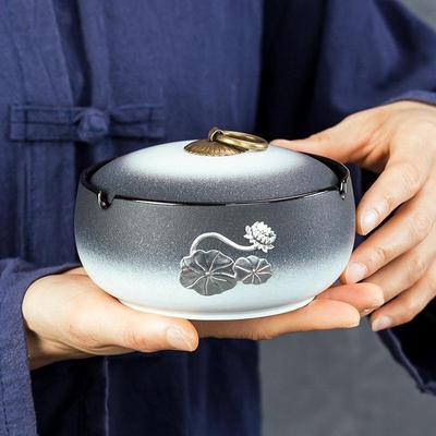 烟灰缸陶瓷带盖子烟缸家用防风覆古中号密封潮流创意可定制LOGO