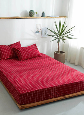 水洗全棉床笠纯棉酒红色深红格子加高床套罩1m1.21.351.51.8米2.2