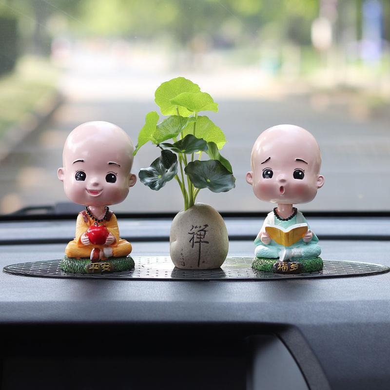 汽车用品古风荷叶禅意小石头摆件创意车内饰品车载绿植小和尚搭配